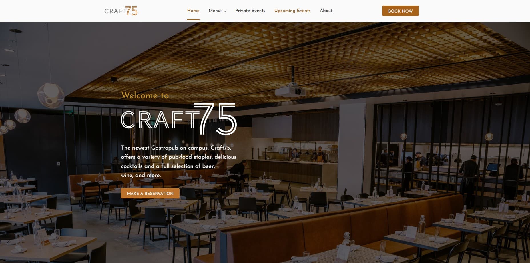 Craft 75 Homepage — atmosphere, food, and key actions at a glance