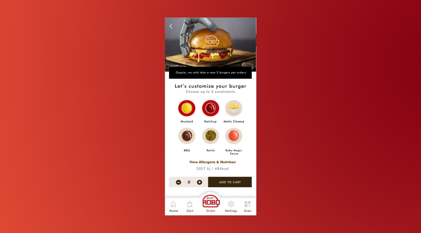 RoboBurger Order Flow — burger selection and customization
