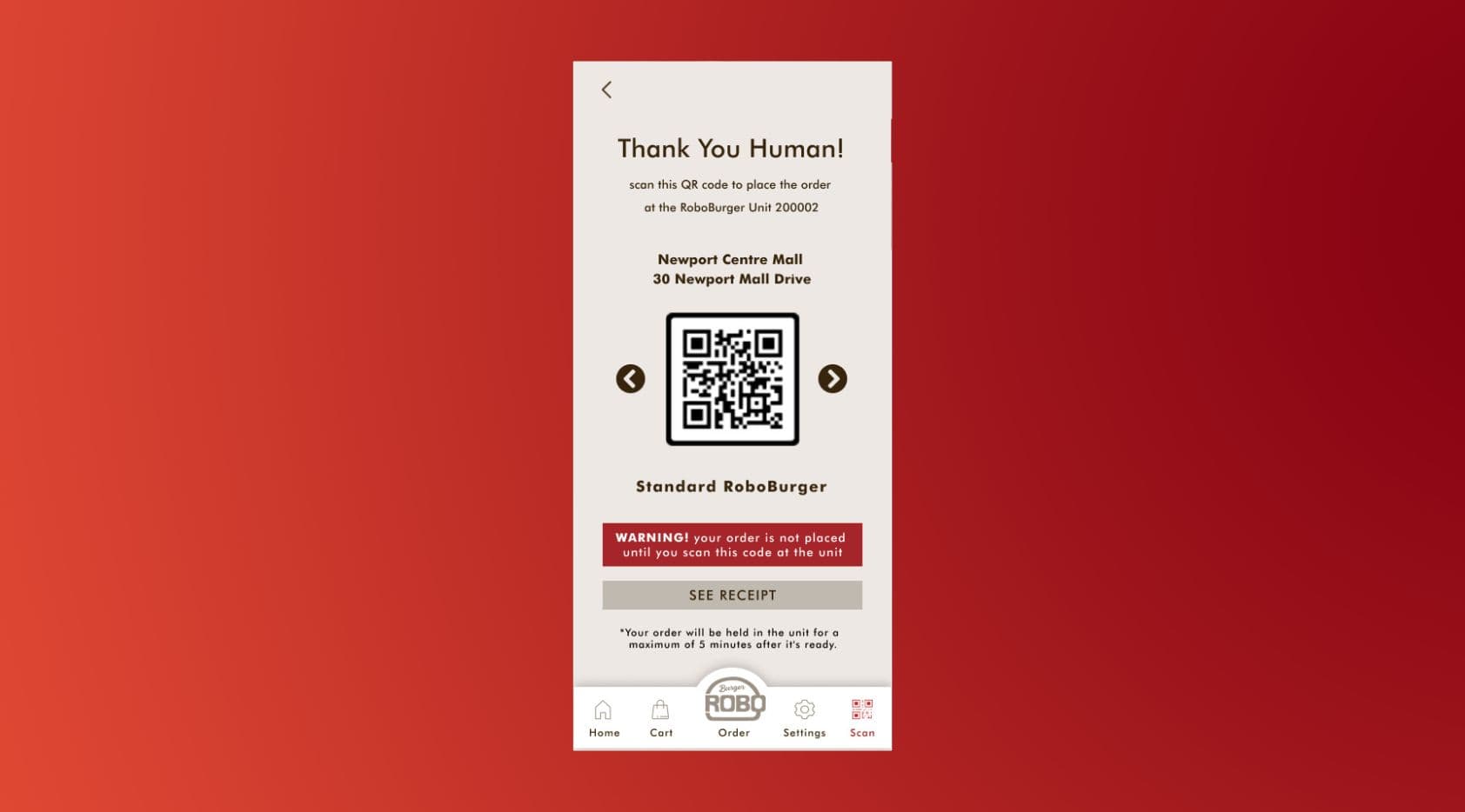 RoboBurger QR Code Screen — pickup handoff with distinct order states