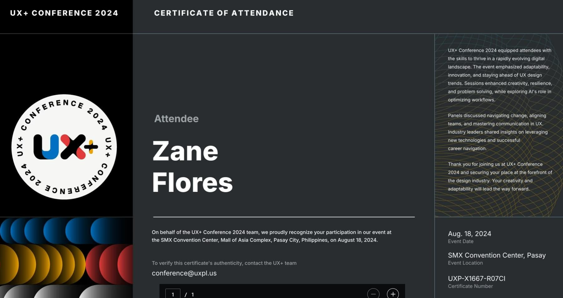 UX Conference Manila Certificate